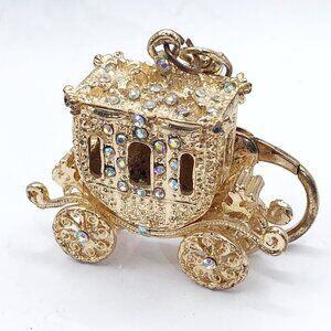 Sparkly rhinestone gold tone stage coach keychain purse charm